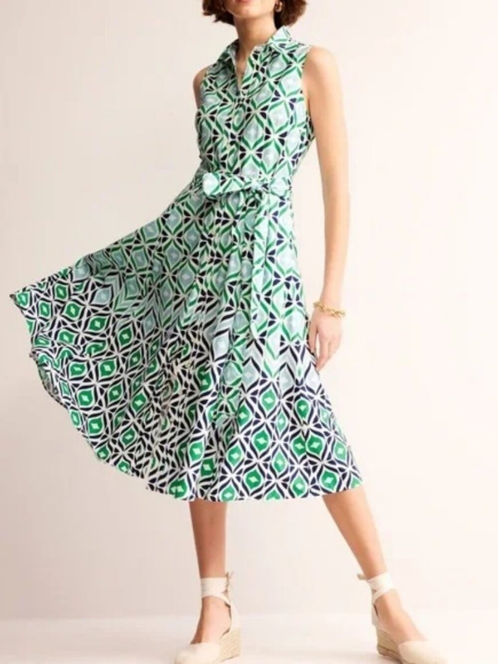 Boden US6P Sleeveless Shirt Dress: Green Midi Garden Party Preppy Retro Chic